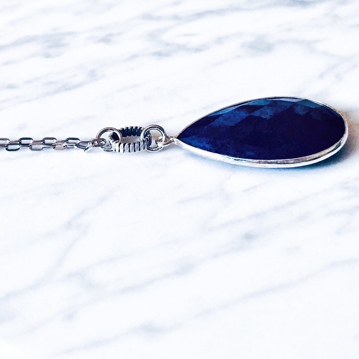 Collier Sautoir Chaîne Vénitienne En Argent Massif Avec Lapis Lazuli - Bijou Vintage #AJ6 - Occasion