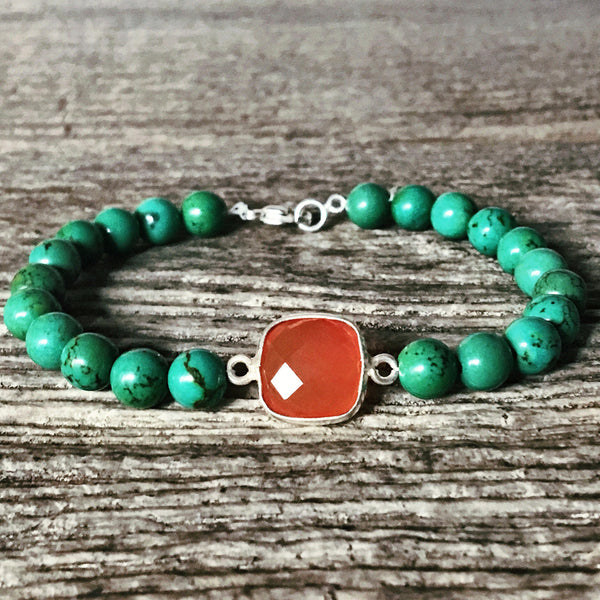 Bracelet Turquoise verte + Cornaline + Argent massif