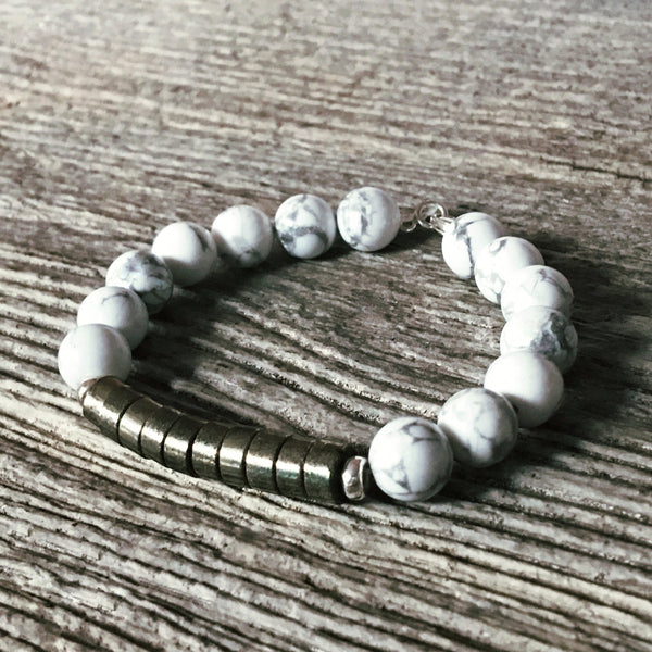 Bracelet Pyrite + Howlite + Argent massif