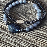 Bracelet Argent massif + Cyanite + Hématite + Aigue-marine
